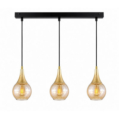 Luminosa Lighting Luminosa Lacrima Bar Pendant Ceiling Light Black, Gold Amber Glass Shade 3X E27 - image 1