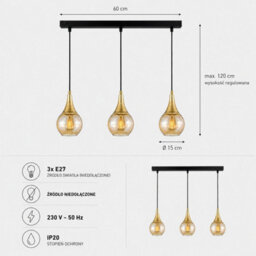 Luminosa Lighting Luminosa Lacrima Bar Pendant Ceiling Light Black, Gold Amber Glass Shade 3X E27 - thumbnail 4