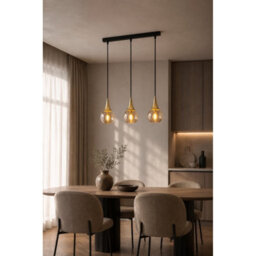 Luminosa Lighting Luminosa Lacrima Bar Pendant Ceiling Light Black, Gold Amber Glass Shade 3X E27 - thumbnail 2
