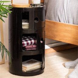 Black - 3Tiers Cylindrical Round Storage Cabinet Cupboard Shelf Side End Table Shelf - thumbnail 4