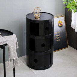 Black - 3Tiers Cylindrical Round Storage Cabinet Cupboard Shelf Side End Table Shelf - thumbnail 3