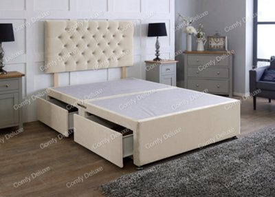 Comfy Deluxe 6Ft Coffee Plush Superking Divan Bed Base With Headboard 4 Drawers