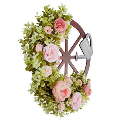 Artificial Peony Floral Wheel Wreath With Watering Can Wall Hanging Decor 38Cm - image 1