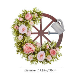 Artificial Peony Floral Wheel Wreath With Watering Can Wall Hanging Decor 38Cm - thumbnail 2