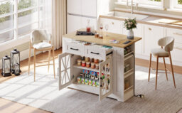 Btm Kitchen Island On Wheels 120X65X92Cm Foldable Top Ac Socket Usb Port Glass Door Adjustable Shelves Kitchen Dining Living Room - thumbnail 9