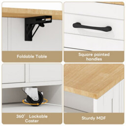 Btm Kitchen Island On Wheels 120X65X92Cm Foldable Top Ac Socket Usb Port Glass Door Adjustable Shelves Kitchen Dining Living Room - thumbnail 4