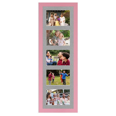 AK Frames 26X8 Pastel Pink Modern Multi Photo Frame With Silver Mount - Holds 5 Apertures (5X) 6X4 Photos - image 1