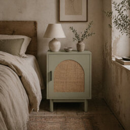 Wyld Haus Yotomo Sake Light Green Rattan Bedside Table With Arched Woven Door, Adjustable Shelf And Solid Wood Legs - thumbnail 1