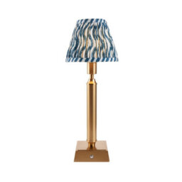 Luminosa Lighting Luminosa Trobridge Rechargeable Brushed Aged Brass Plate Table Lamp With Marlin Blue Fabric Ripple Shade 16Cm Integrated Led