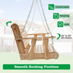 Costway 2-Person Porch Hanging Swing Chair Wooden Garden Swing Bench W/ Cup Holders - thumbnail 7