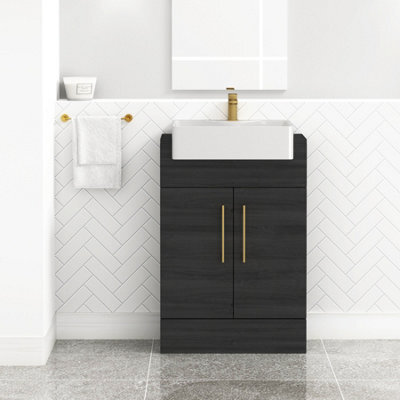 Royal Bathrooms Elena 600mm Hale Black Floor Standing Bathroom Vanity Unit 2 Door Brushed Brass Handle & Semi Recessed Basin - image 1