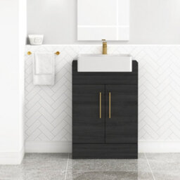 Royal Bathrooms Elena 600mm Hale Black Floor Standing Bathroom Vanity Unit 2 Door Brushed Brass Handle & Semi Recessed Basin - thumbnail 1