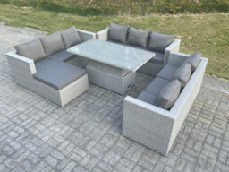 Fimous Light Grey U Shape Lounge Rattan Garden Furniture Set Adjustable Rising Lifting Table Dining Set Footstool - thumbnail 2