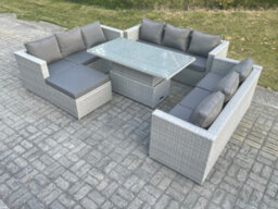 Fimous Light Grey U Shape Lounge Rattan Garden Furniture Set Adjustable Rising Lifting Table Dining Set Footstool - thumbnail 3