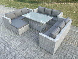 Fimous Light Grey U Shape Lounge Rattan Garden Furniture Set Adjustable Rising Lifting Table Dining Set Footstool - thumbnail 1