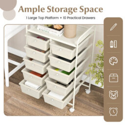 Costway 10 Drawers Storage Trolley Mobile Rolling Utility Cart Home Office Organizer - thumbnail 4