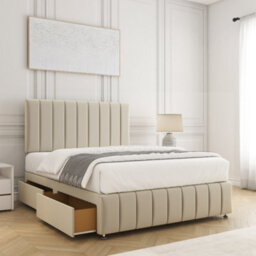 Bsspoke Sierra Divan Bed Set Cream Plush Velvet 24Inch Headboard & 12Inch Footboard 2 Drawers Same Side & Mattress In All Sizes - thumbnail 1