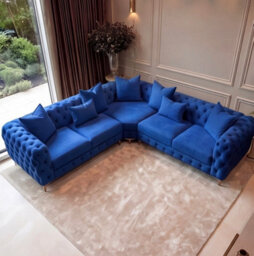 Sofaya Monaco 5 Seater Blue Chesterfield Corner Chaise Sofa Velvet L Shaped - Deep Buttoned Upholstery Couch - thumbnail 3