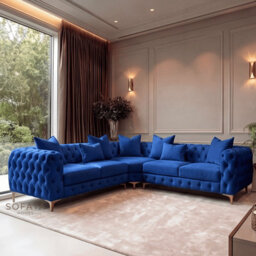 Sofaya Monaco 5 Seater Blue Chesterfield Corner Chaise Sofa Velvet L Shaped - Deep Buttoned Upholstery Couch - thumbnail 1