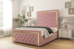 "Sloomy Sofia Gold Pink Plush Bed Frame With Mattress With 50"" Upholstered Headboard 4'6 Double" - thumbnail 2