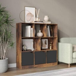 Urbn-Living Urbnliving Asymmetrical 8 Cube Rustic Brown Bookcase Freestanding Storage Unit With 3 Plain Doors - Black - thumbnail 2