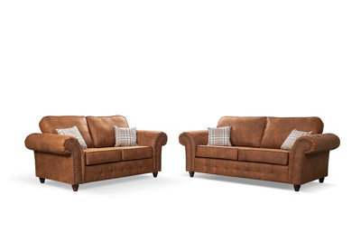 Kansas 3+2 Sofa Set Brown Suede Fabric - image 1