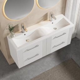 Balterley Belvide Partial Fluted 4 Drawer Wall Hung Vanity Unit With Double Ceramic Basin - 1200mm - Satin White - thumbnail 3