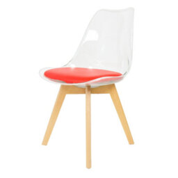 Fusion Living Soho Clear And Red Plastic Dining Chair With Squared Light Wood Legs