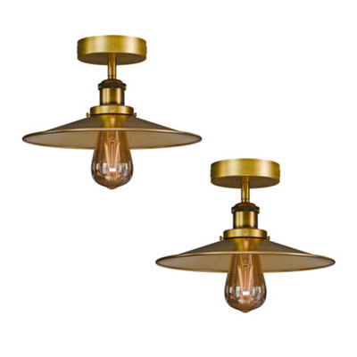 Pack 2 Vintage Semi Flush Mount Ceiling Light With E27 Base 22Cm Metal Shade For Kitchen Yellow Brass With Bulb - image 1