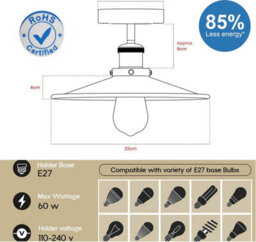 Pack 2 Vintage Semi Flush Mount Ceiling Light With E27 Base 22Cm Metal Shade For Kitchen Yellow Brass With Bulb - thumbnail 2