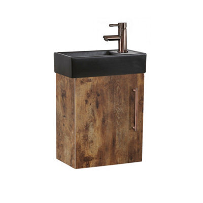 Homestylestore 400mm Dark Oak Wall Hung Bathroom Vanity Unit Black Basin And Aged Bronze T Bar Handle - image 1