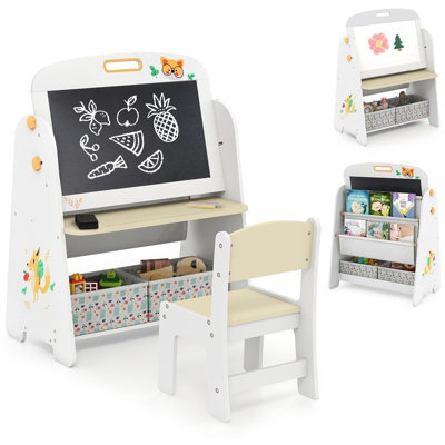 Costway Kids Art Easel And Chair Set Wooden Toddler Activity Table W/ Whiteboard - image 1