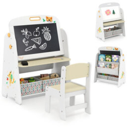 Costway Kids Art Easel And Chair Set Wooden Toddler Activity Table W/ Whiteboard