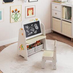 Costway Kids Art Easel And Chair Set Wooden Toddler Activity Table W/ Whiteboard - thumbnail 3