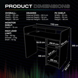 X Rocker X-Rocker Electra Rgb Gaming Desk 110Cm Wide Pc Computer Table Drawer Shelf App Controlled Led Lights & Wireless Charging - White - thumbnail 9