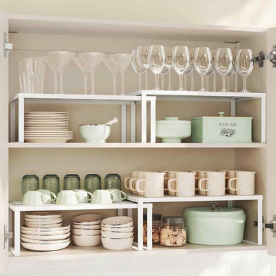 Kitchen Cupboard Organisers, Set Of 2 Stackable Expandable Spice Shelves, Metal Counter Rack, White - image 1