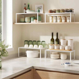 Kitchen Cupboard Organisers, Set Of 2 Stackable Expandable Spice Shelves, Metal Counter Rack, White - thumbnail 3