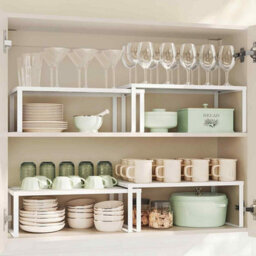 Kitchen Cupboard Organisers, Set Of 2 Stackable Expandable Spice Shelves, Metal Counter Rack, White