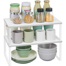 Kitchen Cupboard Organisers, Set Of 2 Stackable Expandable Spice Shelves, Metal Counter Rack, White - thumbnail 7