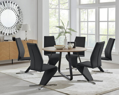 Furniturebox Uk Santorini Brown Wood Effect Round Dining Table & 6 Black Willow Chairs - image 1