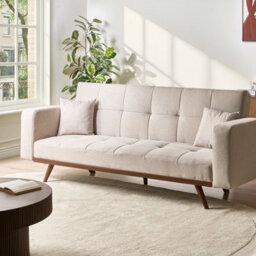 Wyld And Coco Novalux Sofa Bed Light Beige Tufted 3-Seater With Iron Legs - Click-Clack, 3-Position Backrest, Hidden Storage - thumbnail 2