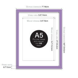 A5 Purple Picture Frame With Mount For A6 (10.5 X 14.8Cm - 4.1 X 5.8In) Poster, Photo, Artwork, Or Print. - thumbnail 2