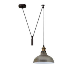 Ceiling Pendant Light, 29Cm Metal Satin Nickel Curvy Shade, Height Adjustable 2M Cable, E27 Bulb Base, Industrial Pulley Lighting