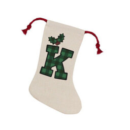 Purely Home Green Tartan Alphabet Letter K Stocking - Novelty Initial Xmas Gift Linen-Style With Red Drawstring Ties