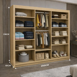 Ie Oslo Wardrobe With Rails & Shelves Sliding Door Wardrobe ( Oak, 250 Cm ) - thumbnail 3
