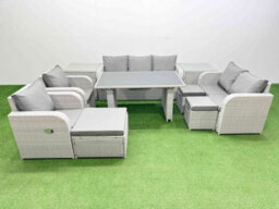 Fimous 10 Seater Garden Furniture Set Pe Ratten Garden Sofa Set With Rectangular Dining Table 3 Stool 2 Side Tables Light Grey - thumbnail 2