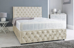 Adore Designs Chesterfield Crushed Velvet Divan Bed, With Orthopaedic Mattress & Footboard - 3Ft Single - Cream - 2 Drawers Left Side - thumbnail 1