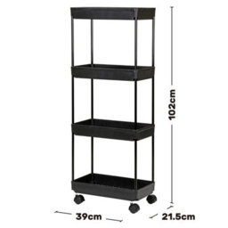 Rolling 4 Tier Utility Cart Mobile Storage Rack On Wheels For Kitchen Bathroom Bedroom Or Office Sturdy Iron Plastic Black - thumbnail 7