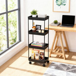 Rolling 4 Tier Utility Cart Mobile Storage Rack On Wheels For Kitchen Bathroom Bedroom Or Office Sturdy Iron Plastic Black - thumbnail 3