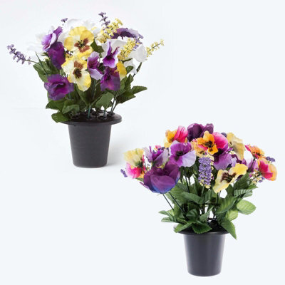 Homescapes Artificial Grave Flowers Set Of 2 Purple & Yellow Handcrafted Pansy & Roses Flowers In Grave Vases, 30 X 25 Cm - image 1